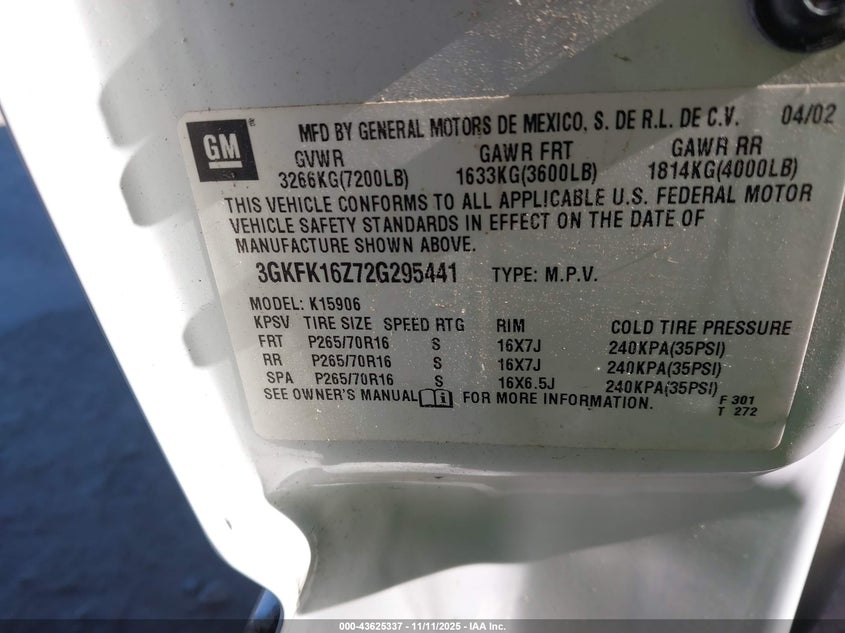 2002 GMC Yukon Xl 1500 Slt VIN: 3GKFK16Z72G295441 Lot: 43625337