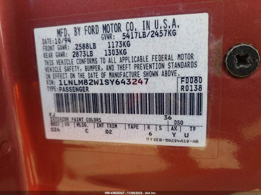 1995 Lincoln Town Car Signature/Spinnaker VIN: 1LNLM82W1SY643247 Lot: 43625347