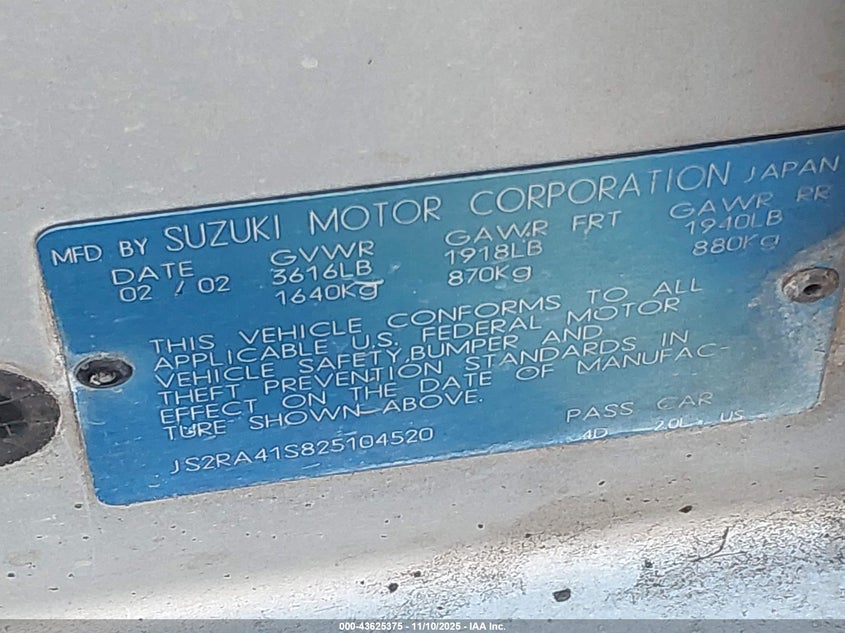 2002 Suzuki Aerio VIN: JS2RA41S825104520 Lot: 43625375