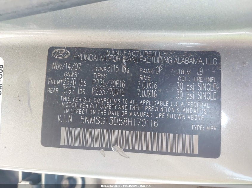 2008 Hyundai Santa Fe Gls VIN: 5NMSG13D58H170116 Lot: 43625380