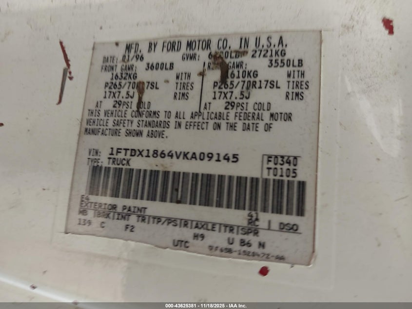 1997 Ford F-150 Lariat/Xl/Xlt VIN: 1FTDX1864VKA09145 Lot: 43625381