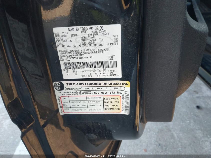 2011 Ford F-150 Xlt VIN: 1FTFW1EF0BFA48142 Lot: 43625402