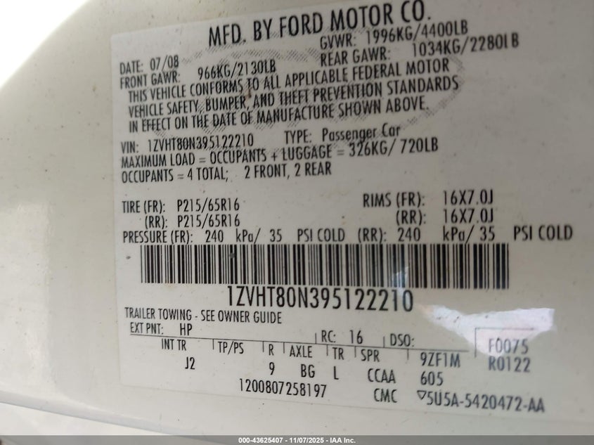 2009 Ford Mustang V6/V6 Premium VIN: 1ZVHT80N395122210 Lot: 43625407