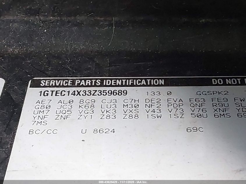 2003 GMC Sierra 1500 Work Truck VIN: 1GTEC14X33Z359689 Lot: 43625429