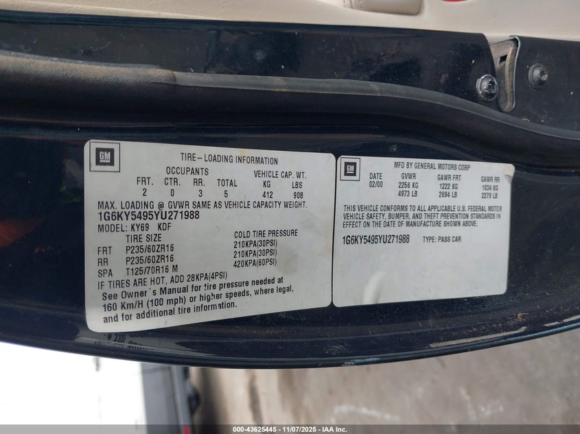 2000 Cadillac Seville Sts VIN: 1G6KY5495YU271988 Lot: 43625445