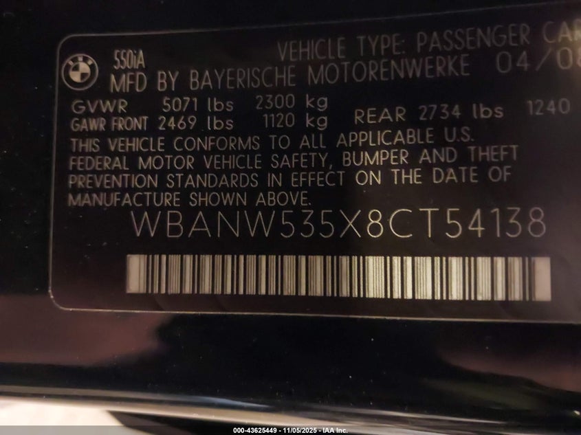 2008 BMW 550I VIN: WBANW535X8CT54138 Lot: 43625449