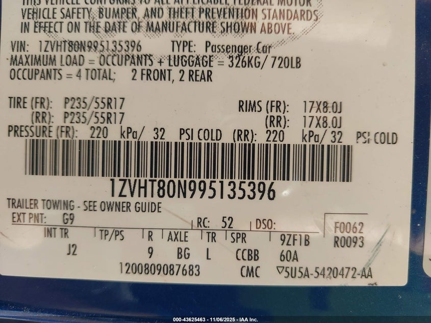 2009 Ford Mustang V6/V6 Premium VIN: 1ZVHT80N995135396 Lot: 43625463