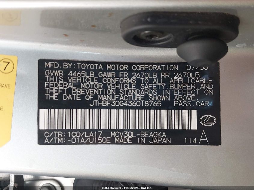 2003 Lexus Es 300 VIN: JTHBF30G436018765 Lot: 43625489