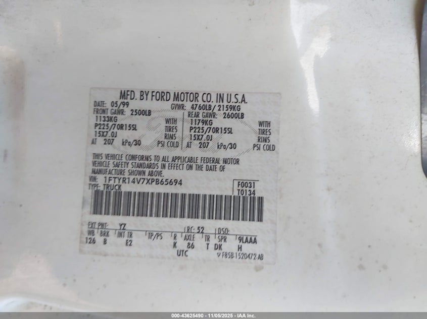 1999 Ford Ranger Xl/Xlt VIN: 1FTYR14V7XPB65694 Lot: 43625490