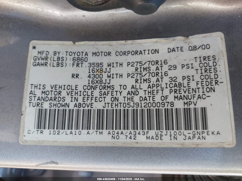 2001 Toyota Land Cruiser VIN: JTEHT05J912000978 Lot: 43625499