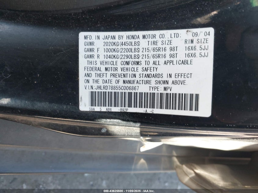 2005 Honda Cr-V Ex VIN: JHLRD78855C006867 Lot: 43625500