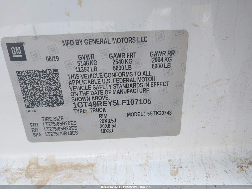 2020 GMC Sierra 2500Hd 4Wd Standard Bed Denali VIN: 1GT49REY5LF107105 Lot: 43625501