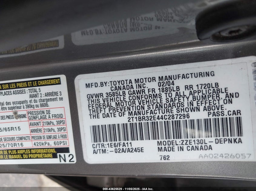 2T1BR32E44C287296 2004 TOYOTA COROLLA photo no. 9