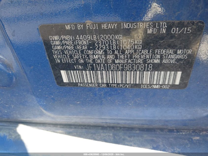 2015 Subaru Wrx Premium VIN: JF1VA1D60F9830818 Lot: 43625560
