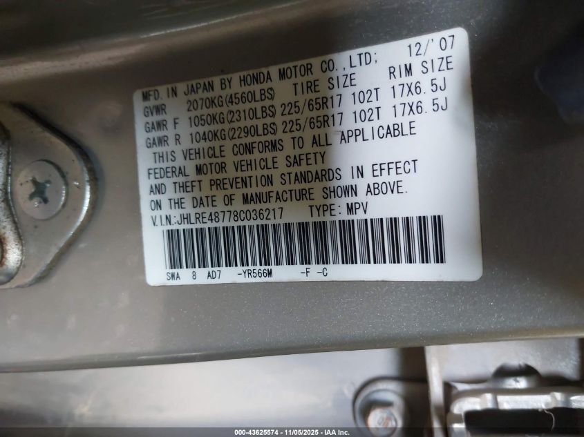 2008 Honda Cr-V Ex-L VIN: JHLRE48778C036217 Lot: 43625574
