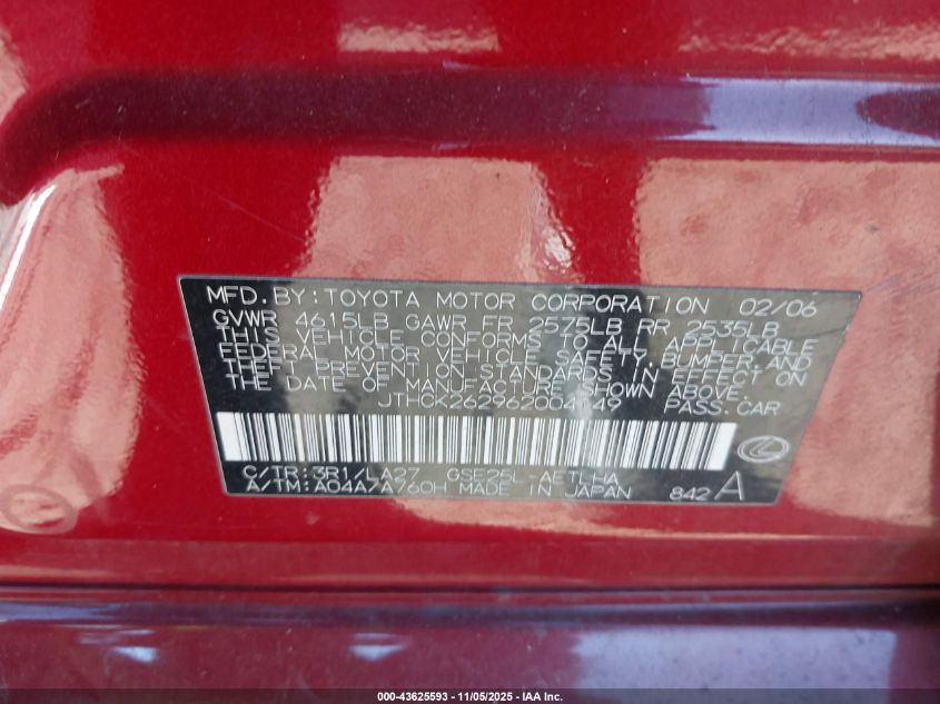 2006 Lexus Is 250 VIN: JTHCK262962004149 Lot: 43625593