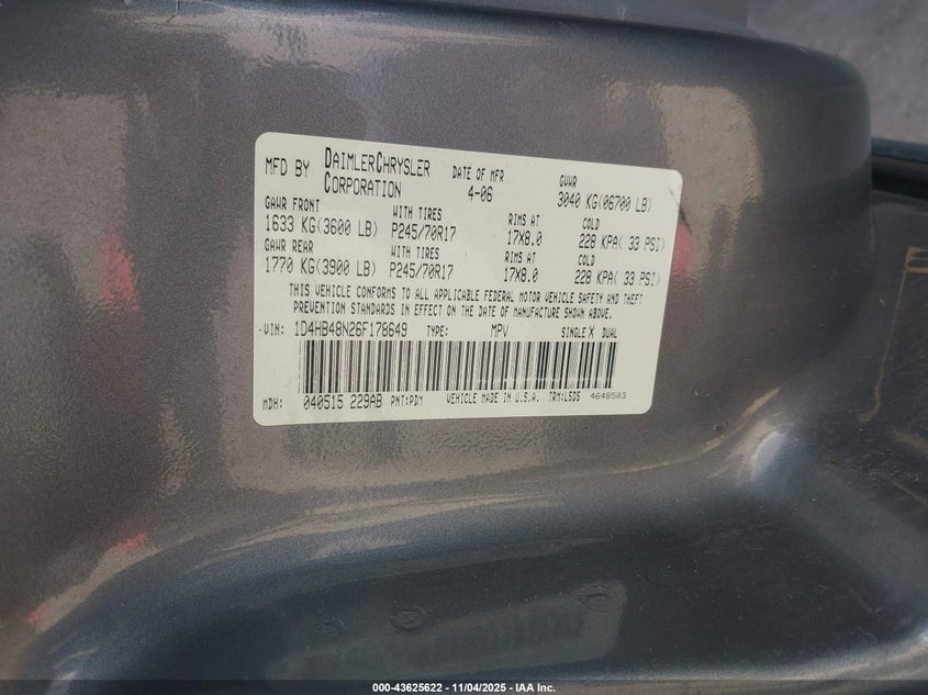 2006 Dodge Durango Slt VIN: 1D4HB48N26F178649 Lot: 43625622