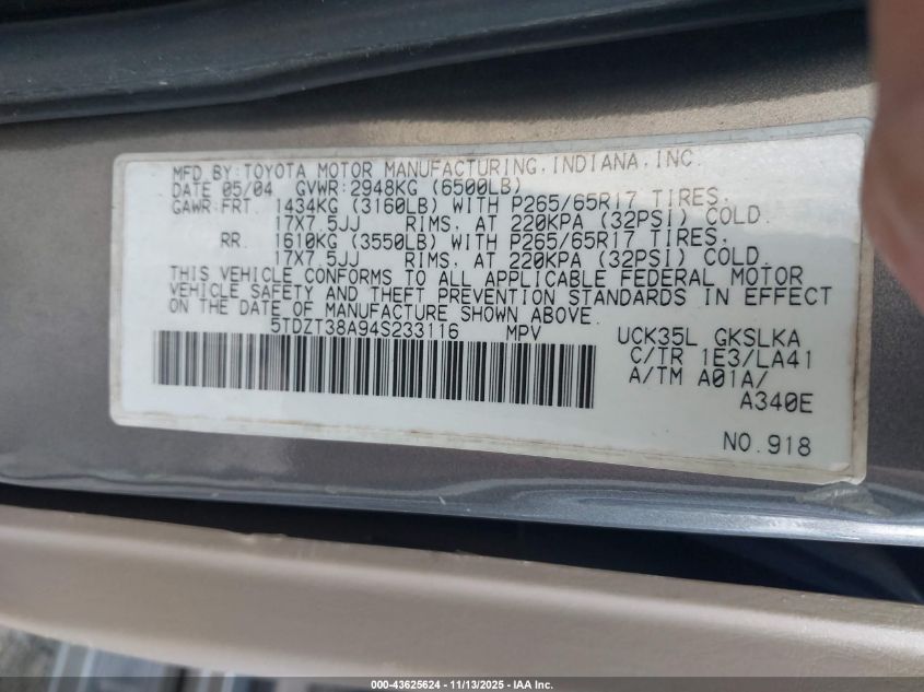 2004 Toyota Sequoia Limited V8 VIN: 5TDZT38A94S233116 Lot: 43625624