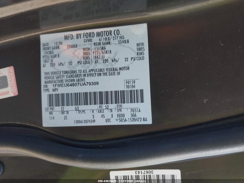 2007 Ford Explorer Eddie Bauer VIN: 1FMEU64807UA79309 Lot: 43625629