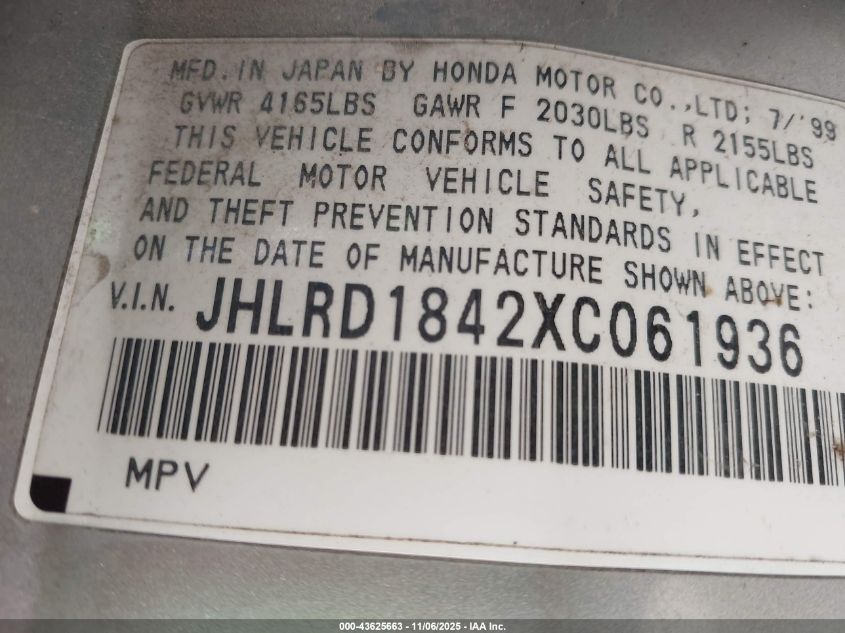 1999 Honda Cr-V Lx VIN: JHLRD1842XC061936 Lot: 43625663