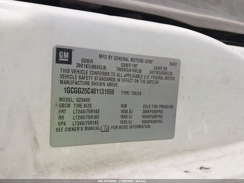 2008 Chevrolet Express Work Van VIN: 1GCGG25C481131656 Lot: 43625665