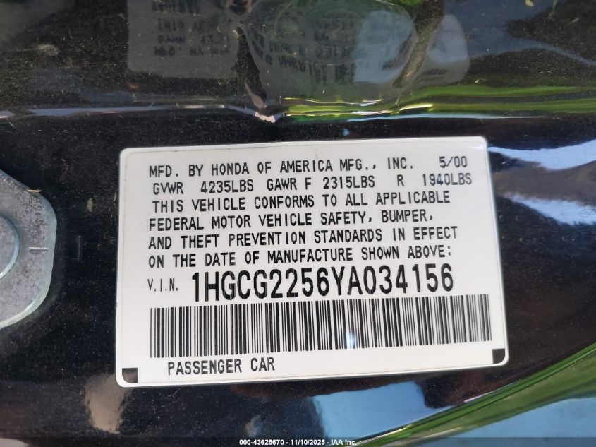 2000 Honda Accord 3.0 Ex VIN: 1HGCG2256YA034156 Lot: 43625670