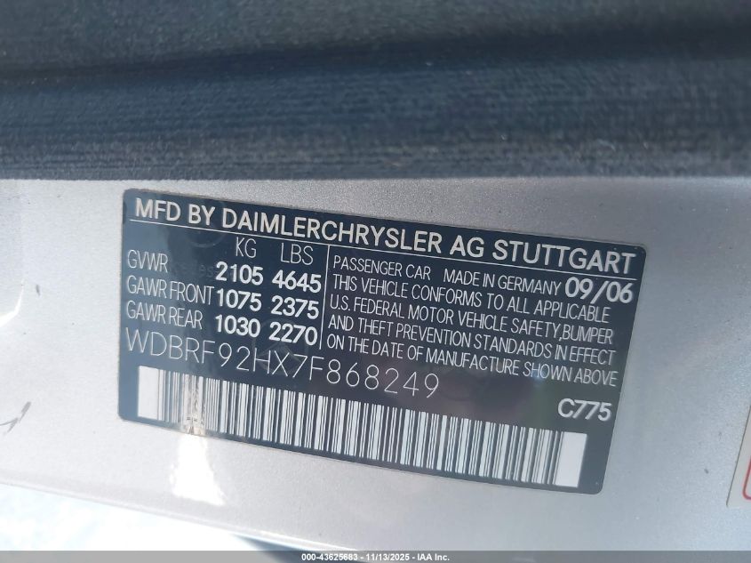 2007 Mercedes-Benz C 280 Luxury 4Matic VIN: WDBRF92HX7F868249 Lot: 43625683