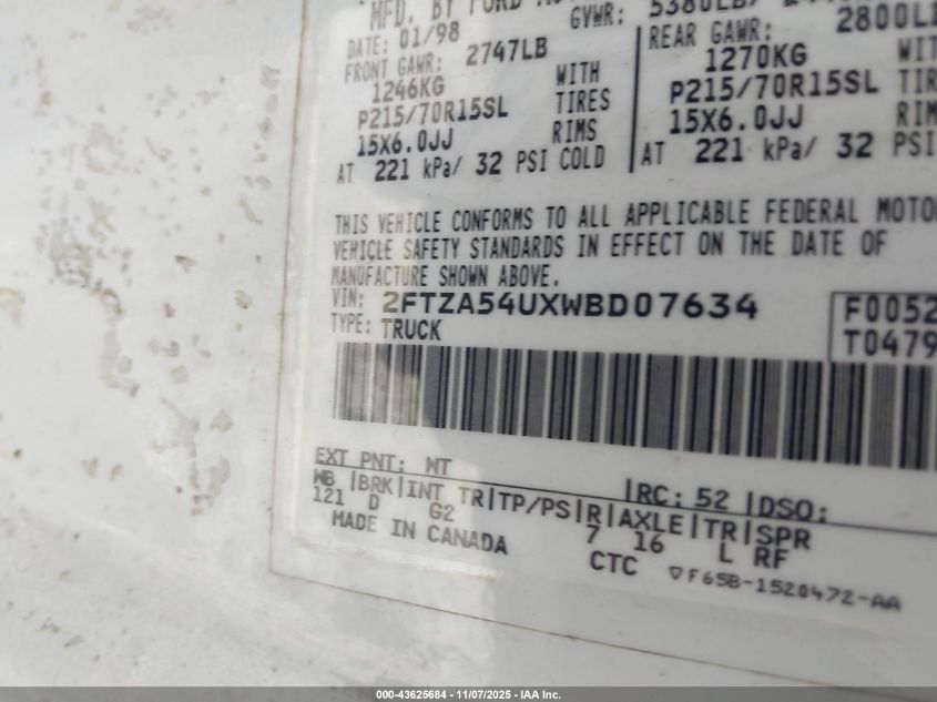 1998 Ford Windstar Standard VIN: 2FTZA54UXWBD07634 Lot: 43625684