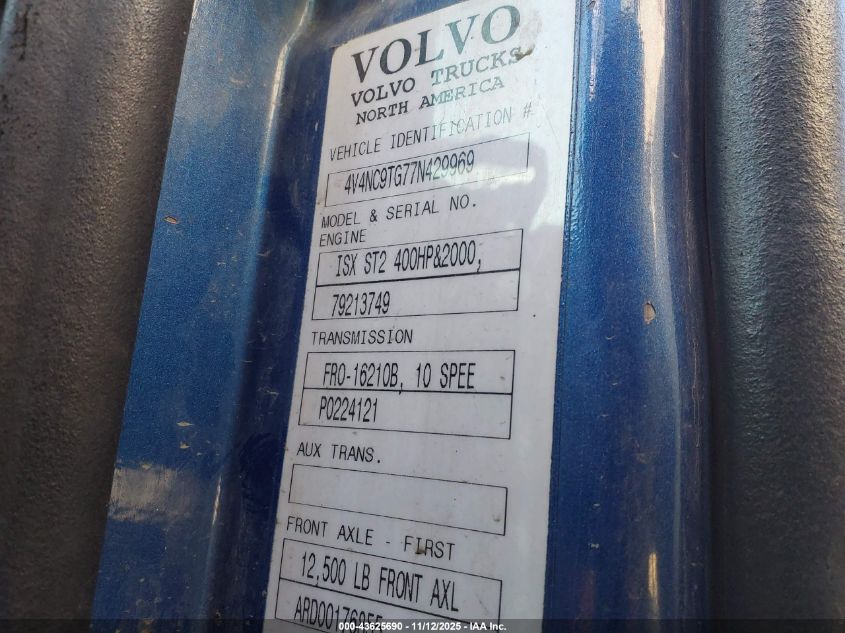 2007 Volvo Vn Vnl VIN: 4V4NC9TG77N429969 Lot: 43625690