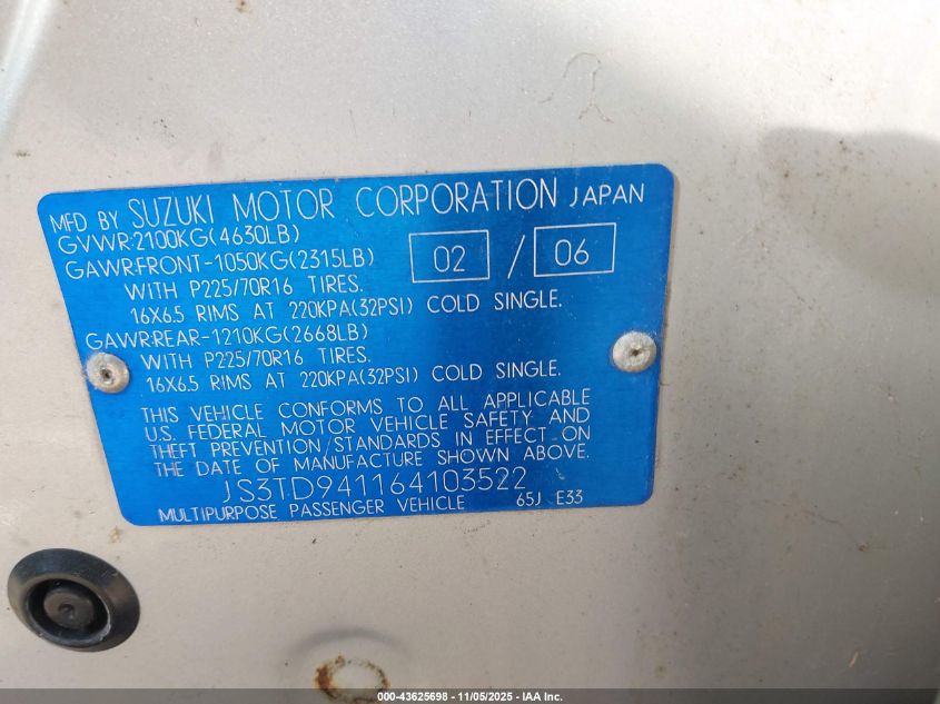 2006 Suzuki Grand Vitara VIN: JS3TD941164103522 Lot: 43625698