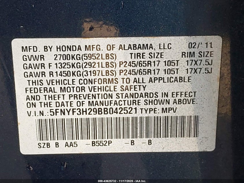 5FNYF3H29BB042521 2011 HONDA PILOT photo no. 9