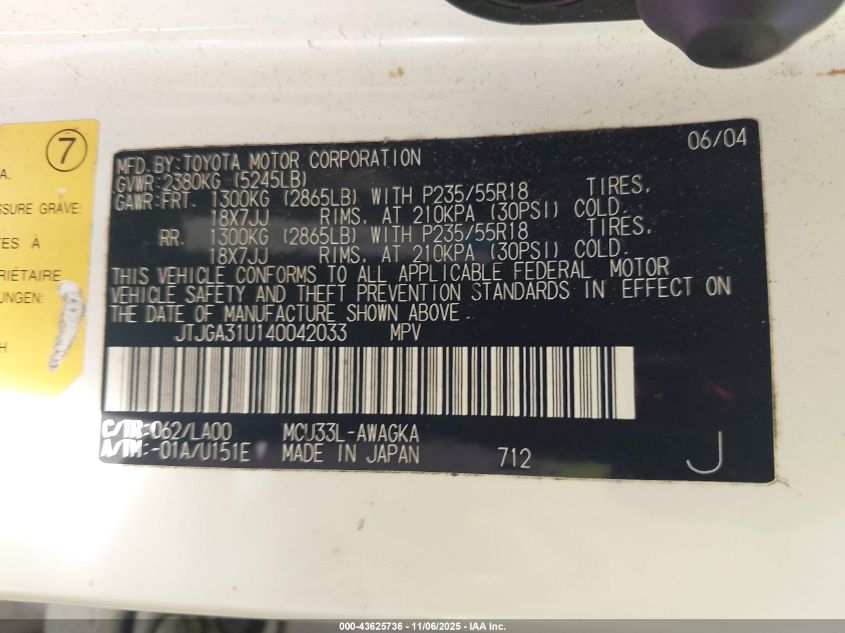 2004 Lexus Rx VIN: JTGA31U140042033 Lot: 43625736