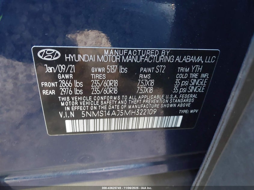 2021 HYUNDAI SANTA FE SE - 5NMS14AJ5MH322109