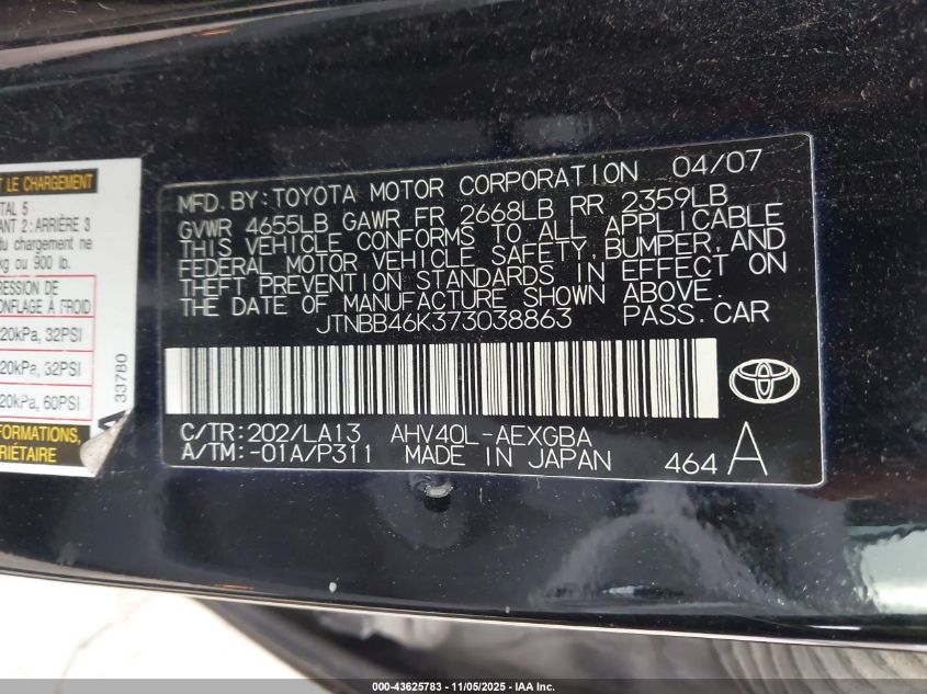 2007 Toyota Camry Hybrid VIN: JTNBB46K373038863 Lot: 43625783