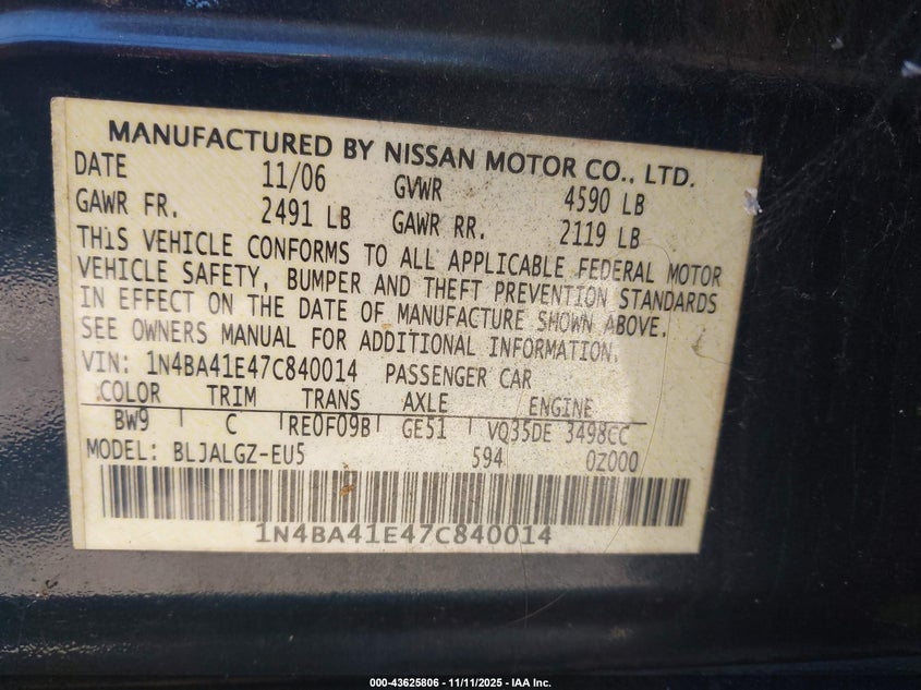 2007 Nissan Maxima 3.5 Sl VIN: 1N4BA41E47C840014 Lot: 43625806