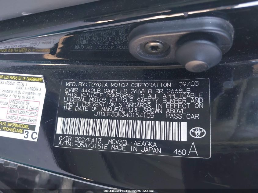 2004 Toyota Camry Xle V6 VIN: JTDBF30K340154105 Lot: 43625811