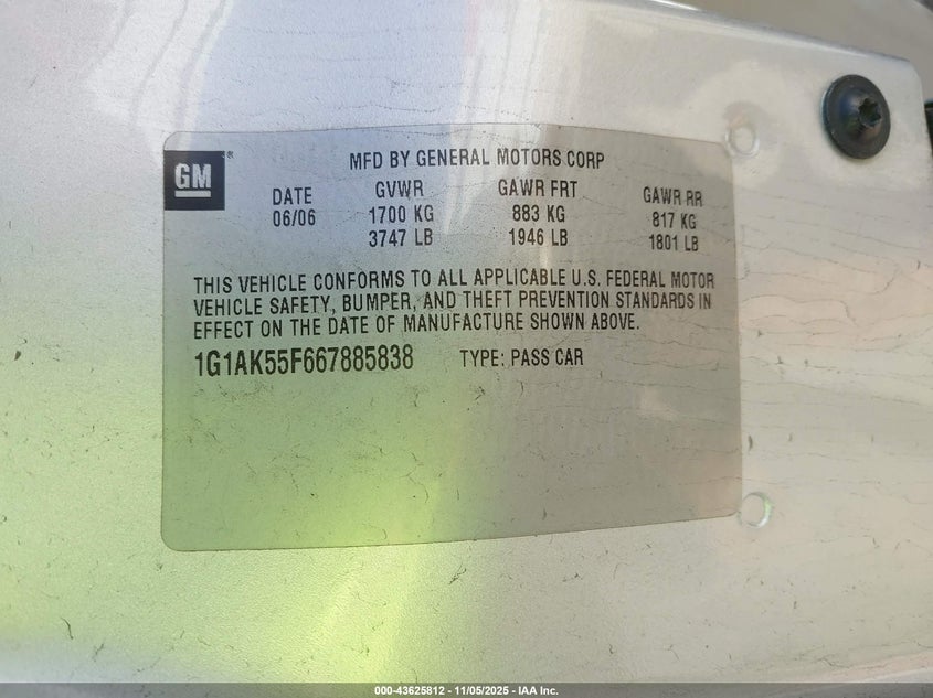 2006 Chevrolet Cobalt Ls VIN: 1G1AK55F667885838 Lot: 43625812