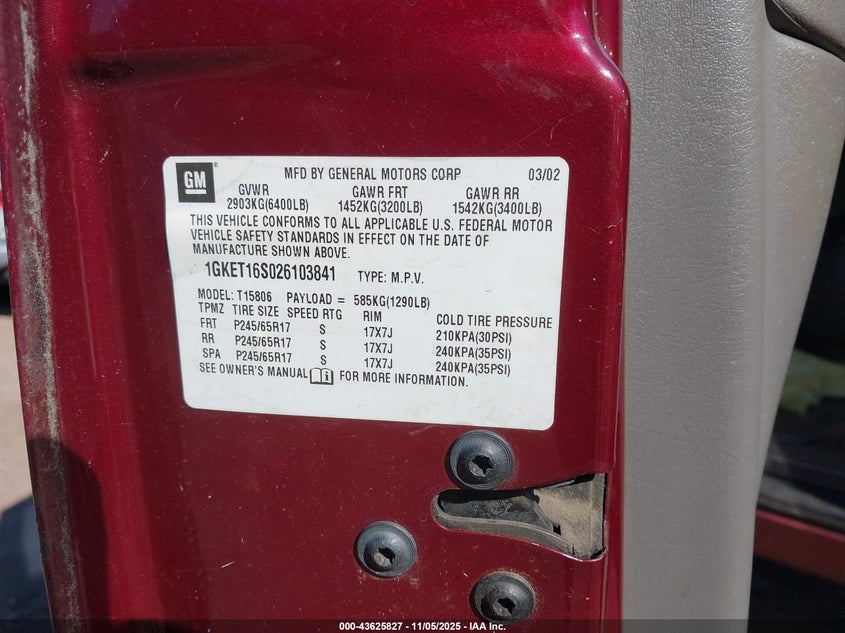 2002 GMC Envoy Xl Slt VIN: 1GKET16S026103841 Lot: 43625827