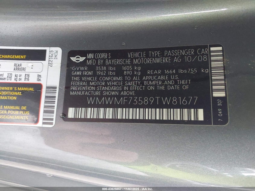 2009 Mini Cooper S VIN: WMWMF73589TW81677 Lot: 43625857