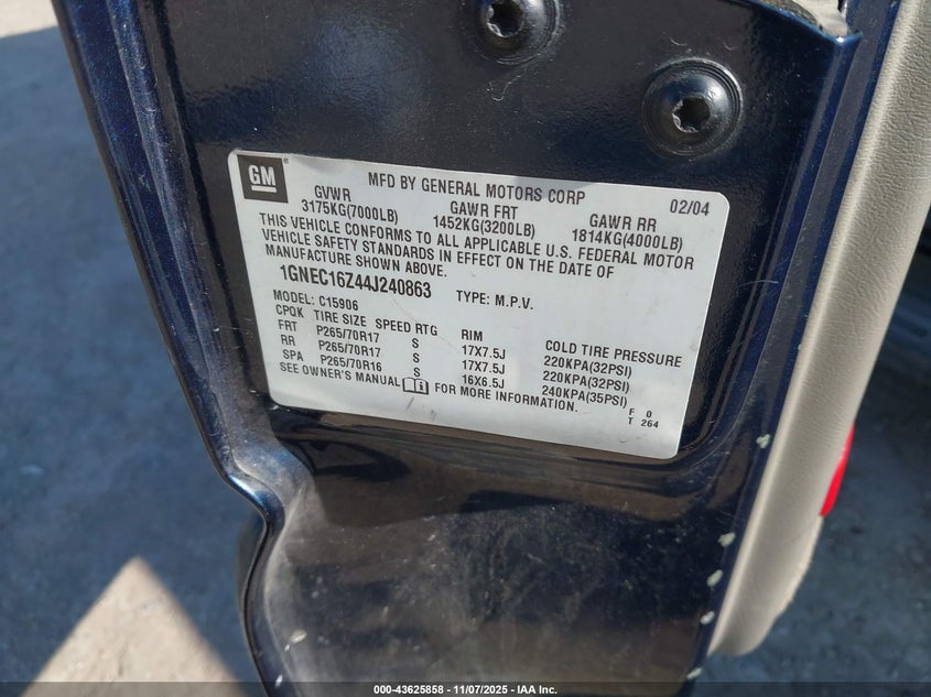 2004 Chevrolet Suburban 1500 Ls VIN: 1GNEC16Z44J240863 Lot: 43625858