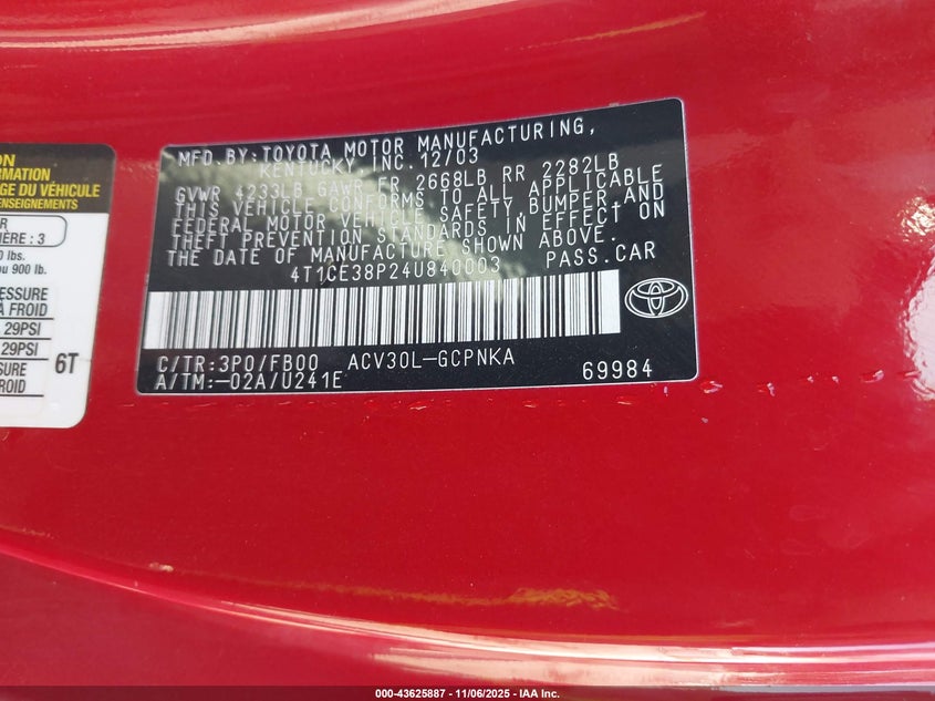 4T1CE38P24U840003 2004 TOYOTA CAMRY SOLARA photo no. 9