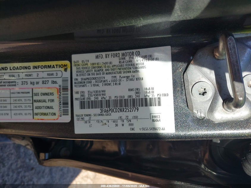 2019 Ford Fusion Sel VIN: 3FA6P0CD2KR252779 Lot: 43625908