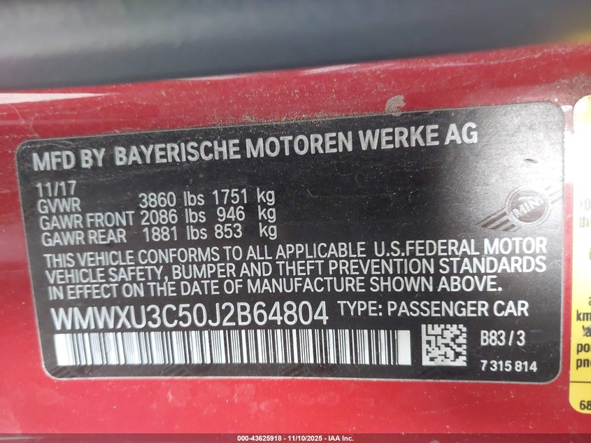 2018 Mini Hardtop Cooper S VIN: WMWXU3C50J2B64804 Lot: 43625918