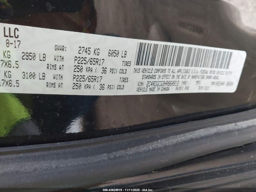 2017 Dodge Grand Caravan Sxt VIN: 2C4RDGCG3HR860912 Lot: 43625919