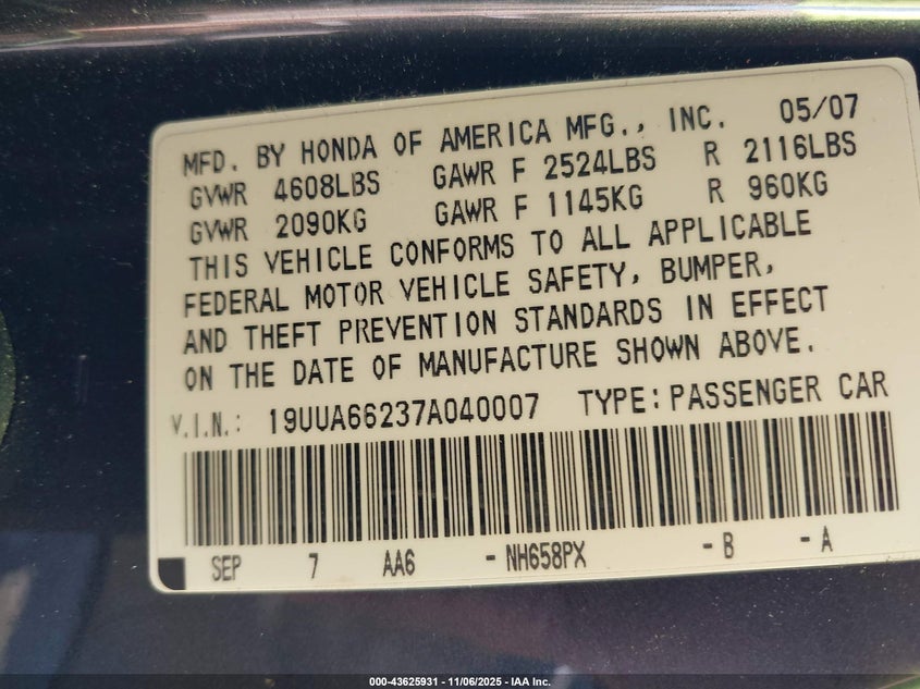 2007 Acura Tl 3.2 VIN: 19UUA66237A040007 Lot: 43625931