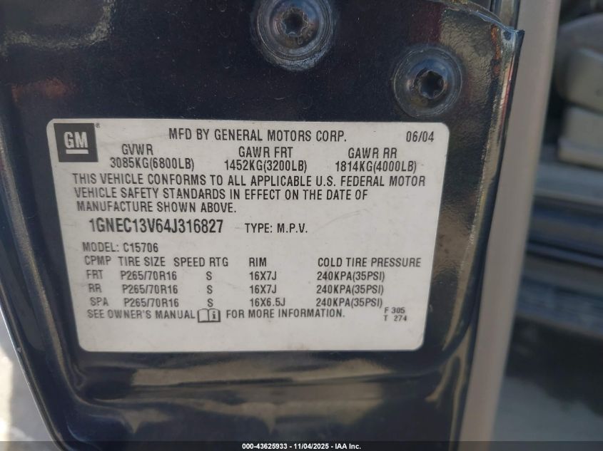 2004 Chevrolet Tahoe Ls VIN: 1GNEC13V64J316827 Lot: 43625933