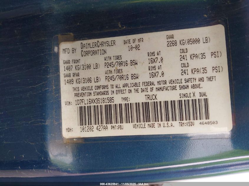 2003 Dodge Dakota VIN: 1D7FL16XX3S181585 Lot: 43625941