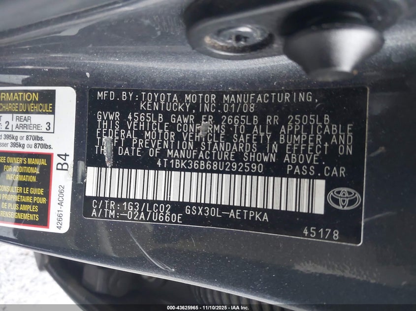 2008 Toyota Avalon Limited VIN: 4T1BK36B68U292590 Lot: 43625965