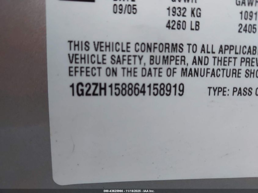 2006 Pontiac G6 Gt VIN: 1G2ZH158864158919 Lot: 43625966