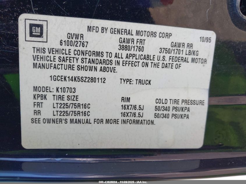 1995 Chevrolet Gmt-400 K1500 VIN: 1GCEK14K5SZ280112 Lot: 43626004